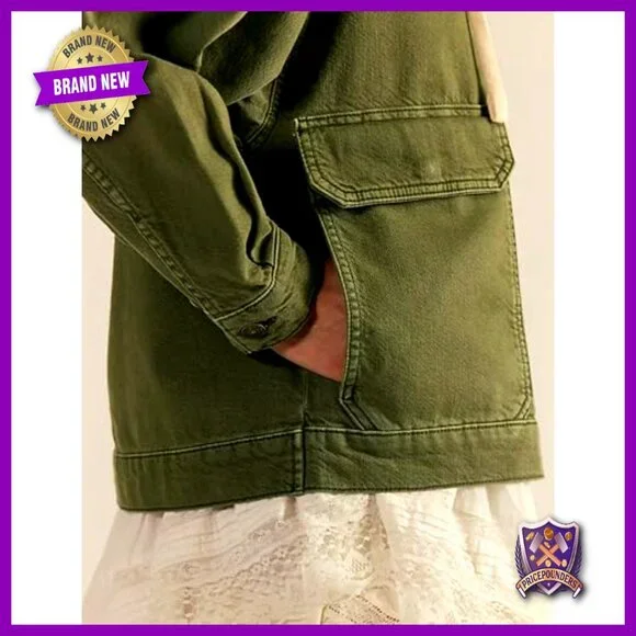Oversized Denim Hooded Pullover Jacket Half Zip Cargo Pockets Casual Chic